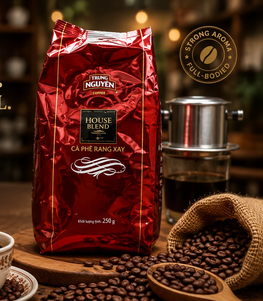 Commercial presentation of a Vietnamese coffee sample with phin brewer and roasted beans