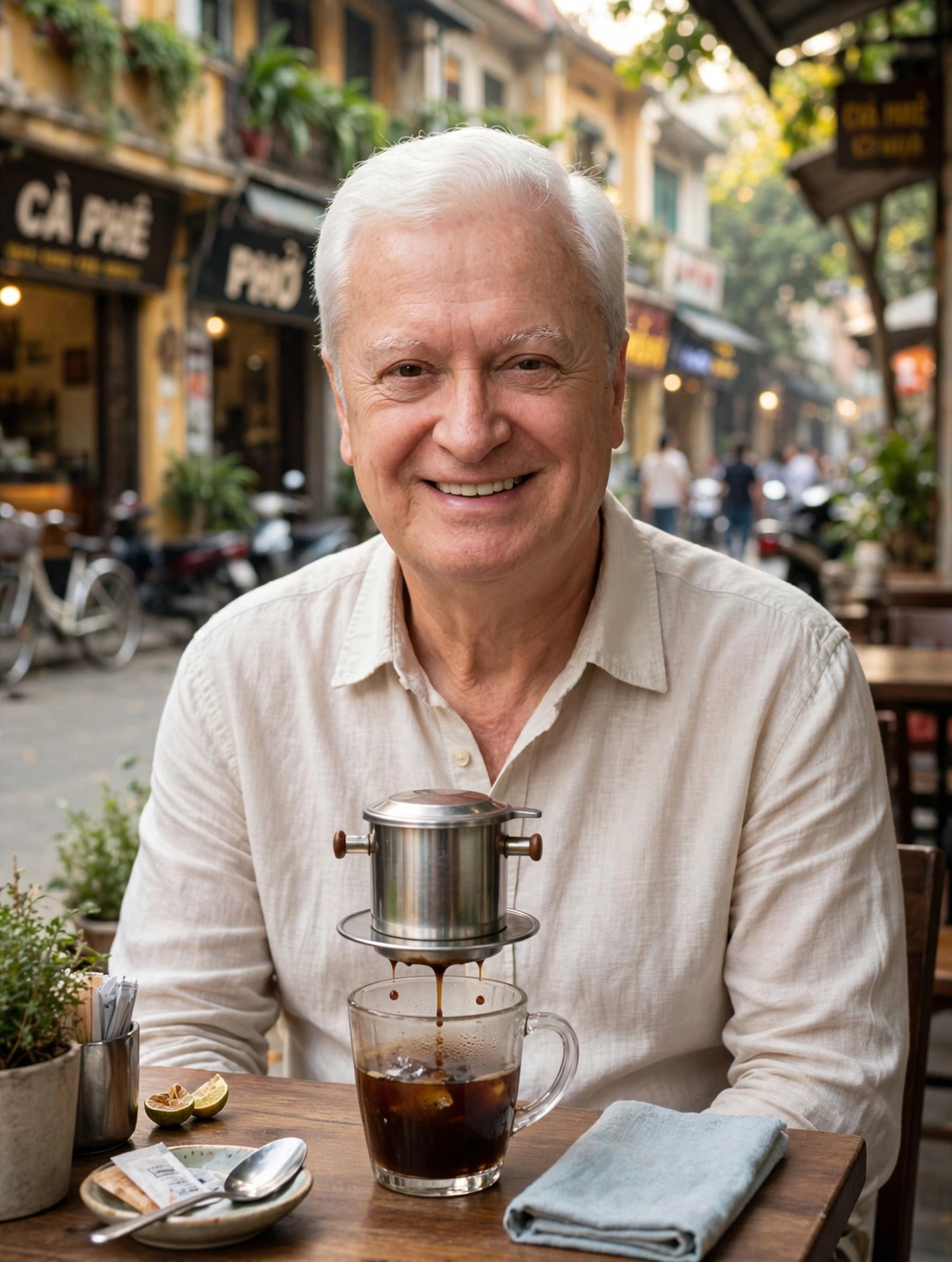 Founder George Velicu enjoying traditional Vietnamese phin coffee in a café